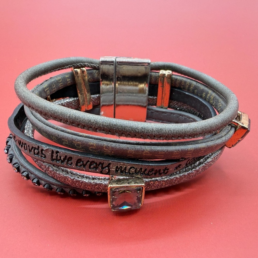Good Works Gray Multi Strand Leather Crystal Magnetic Clasp Statement Bracelet